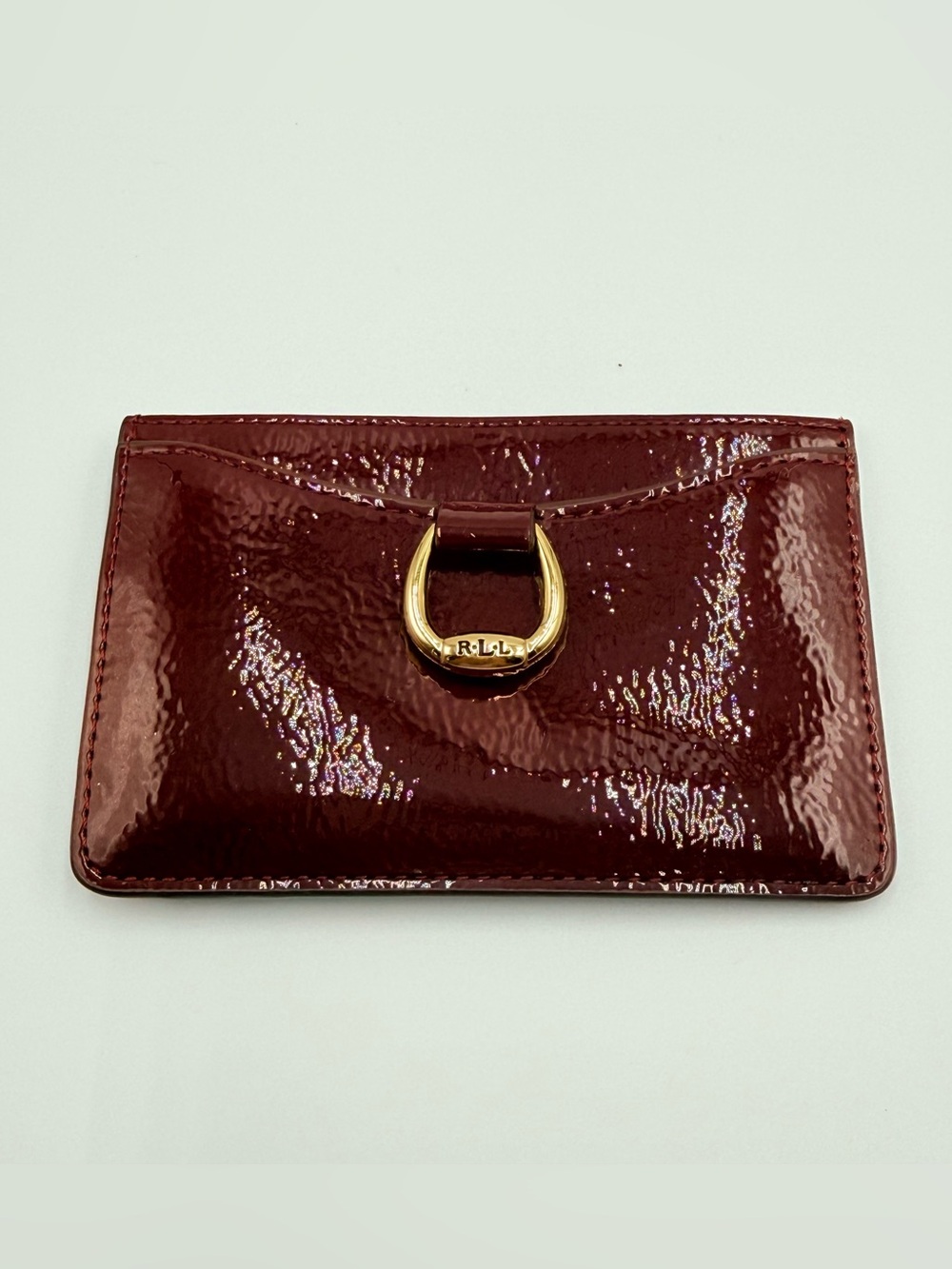Lauren Ralph Lauren LRL Maroon Patent Card Case ID Holder Wallet Gold Tone